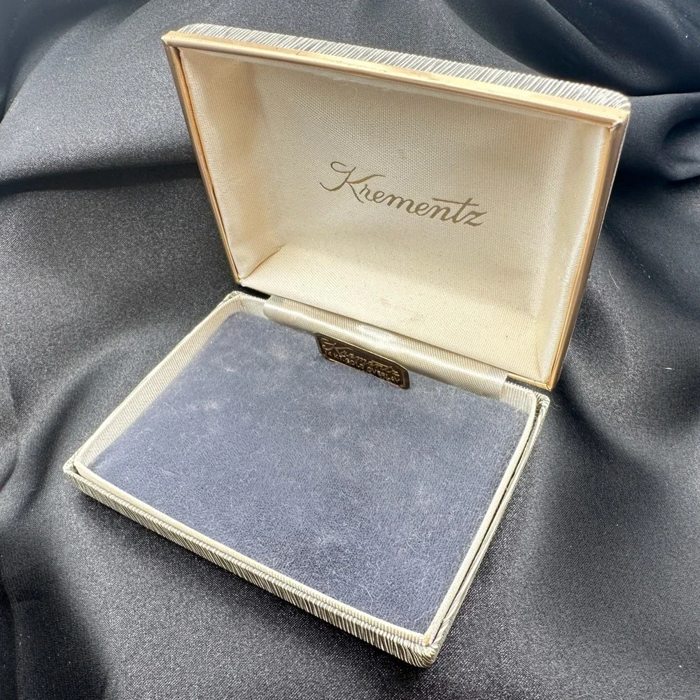 Vintage 80s Krementz Grey Textured Silk Presentation Box Gold Tone Trim Jewelry